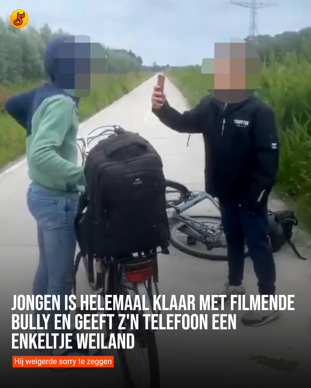 Jongen is helemaal klaar met filmende bully en geeft z'n telefoon een enkeltje weiland