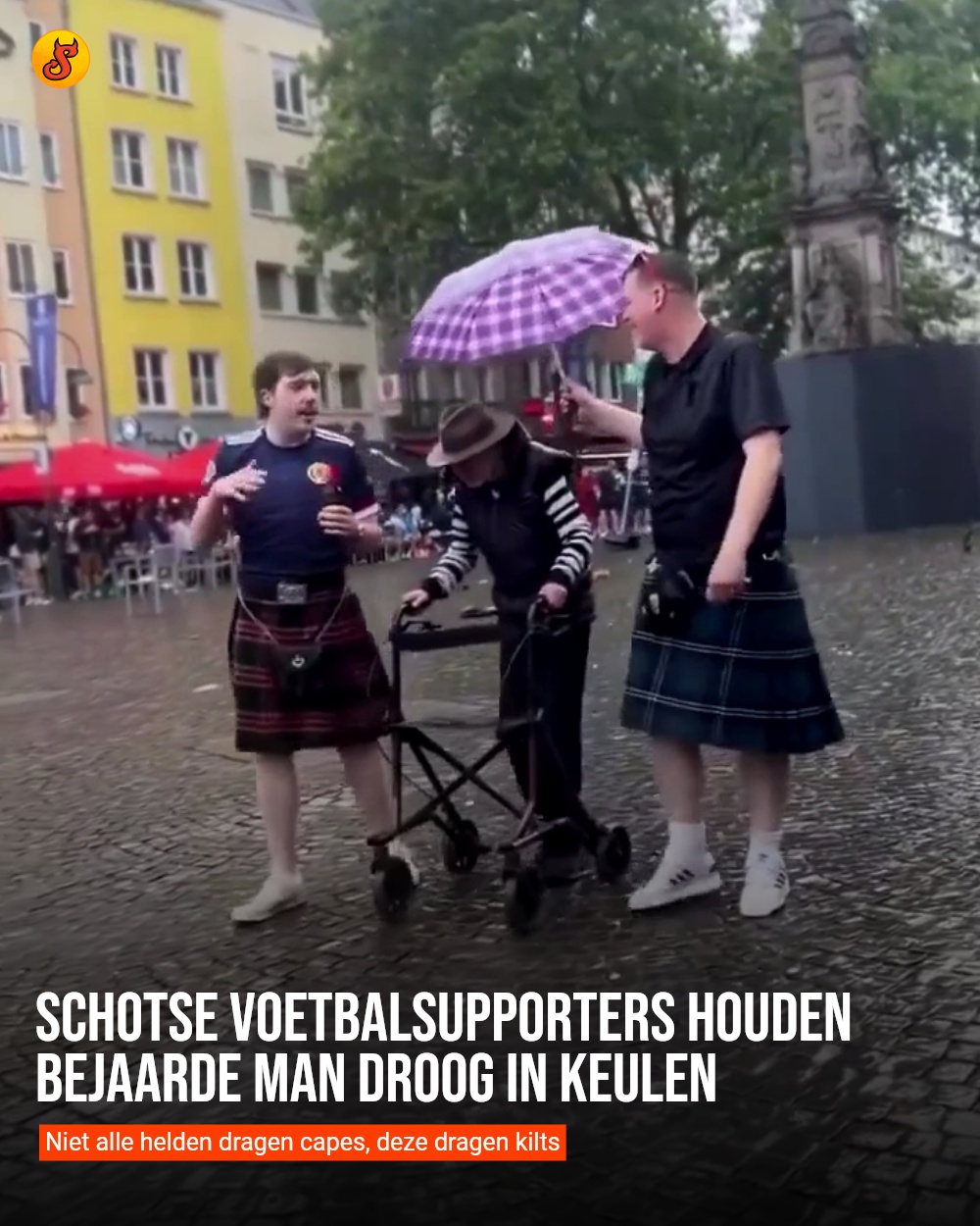 Schotse voetbalsupporters houden bejaarde man droog in Keulen