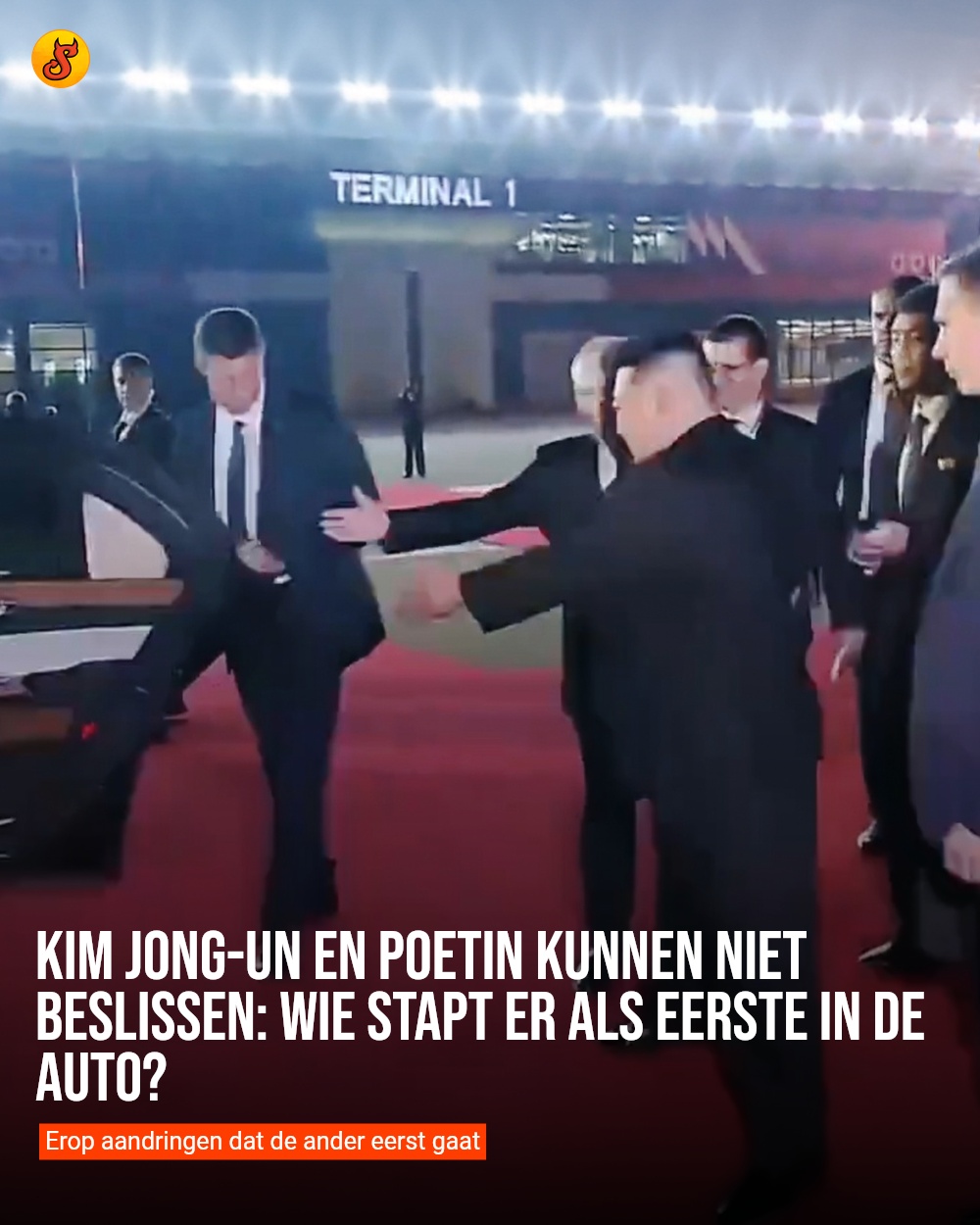 Kim Jong-un en Poetin kunnen niet beslissen: wie stapt er als eerste in de auto?