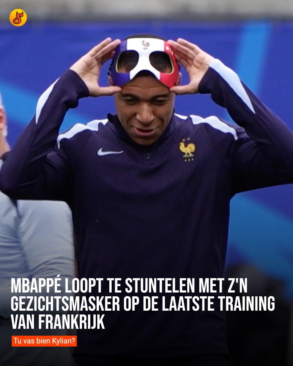 Mbappé loopt te stuntelen met z'n gezichtsmasker op de laatste training van Frankrijk