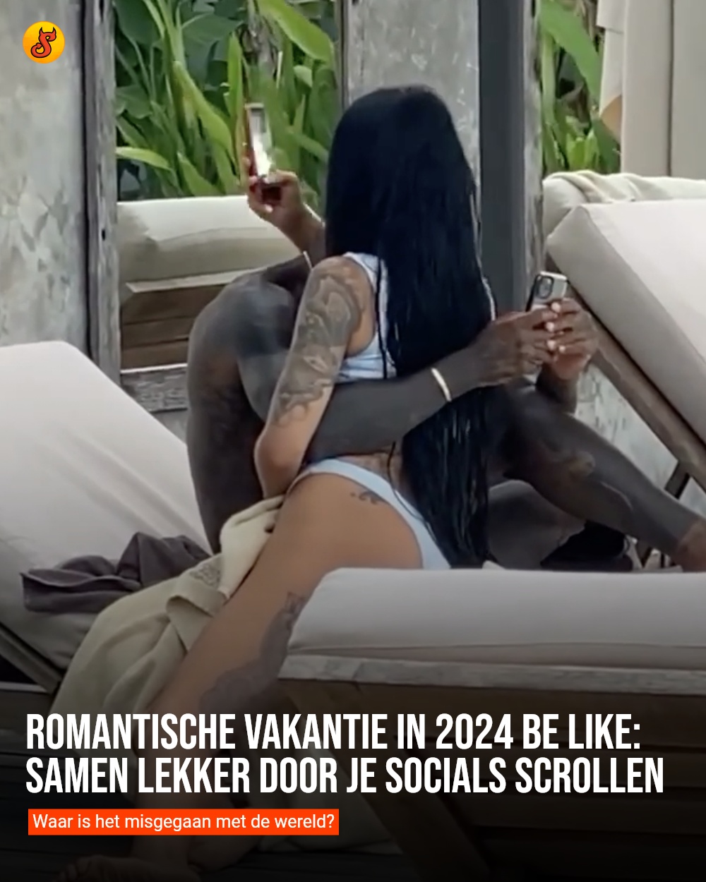 Romantische vakantie in 2024 be like: Samen lekker door je socials scrollen