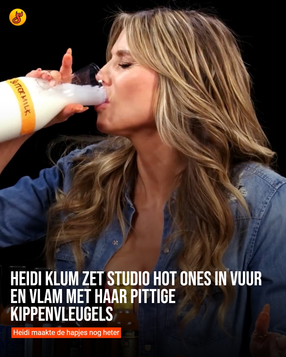 Heidi Klum zet studio Hot Ones in vuur en vlam met haar pittige kippenvleugels