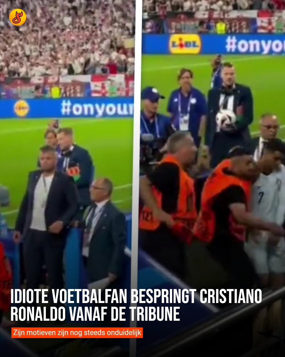 Idiote voetbalfan bespringt Cristiano Ronaldo vanaf de tribune