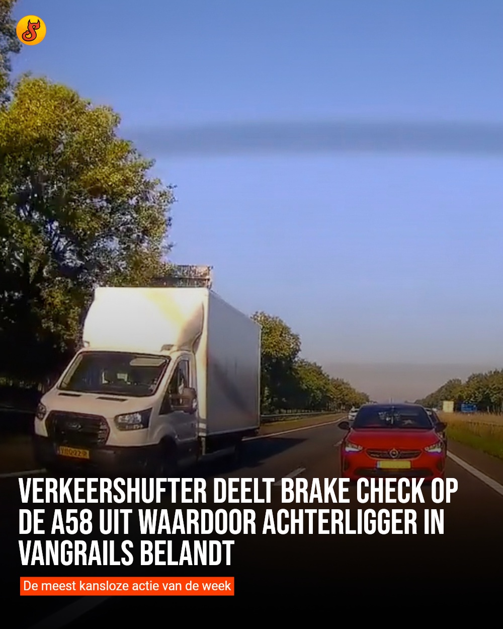 Verkeershufter deelt brake check op de A58 uit waardoor achterligger in vangrails belandt
