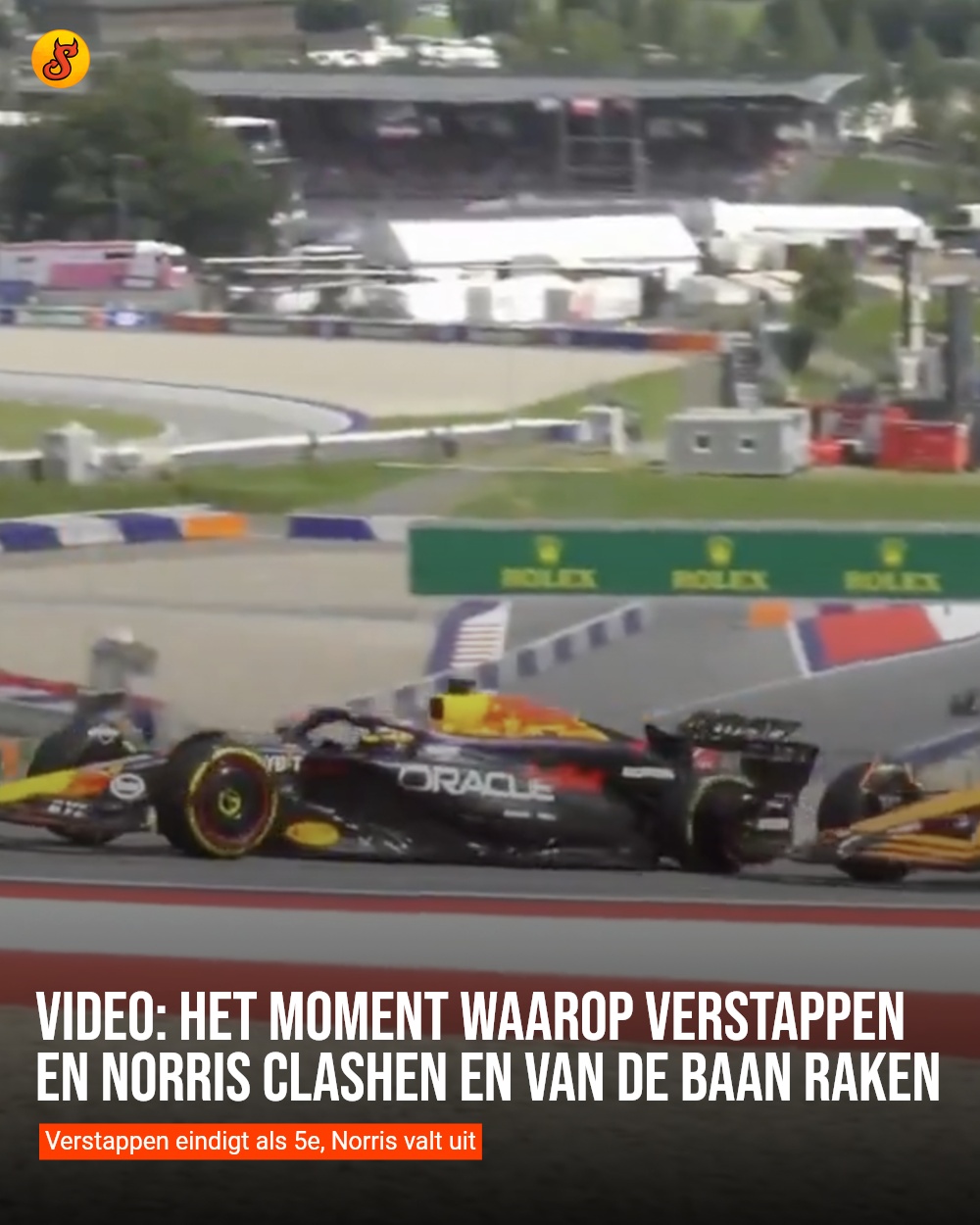 Video: Het moment waarop Verstappen en Norris clashen en van de baan raken
