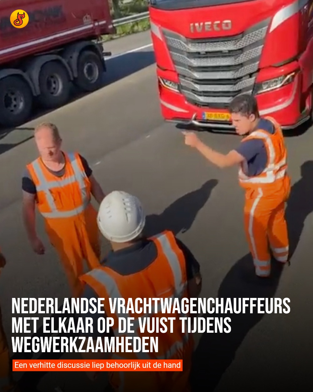 Nederlandse vrachtwagenchauffeurs met elkaar op de vuist tijdens wegwerkzaamheden
