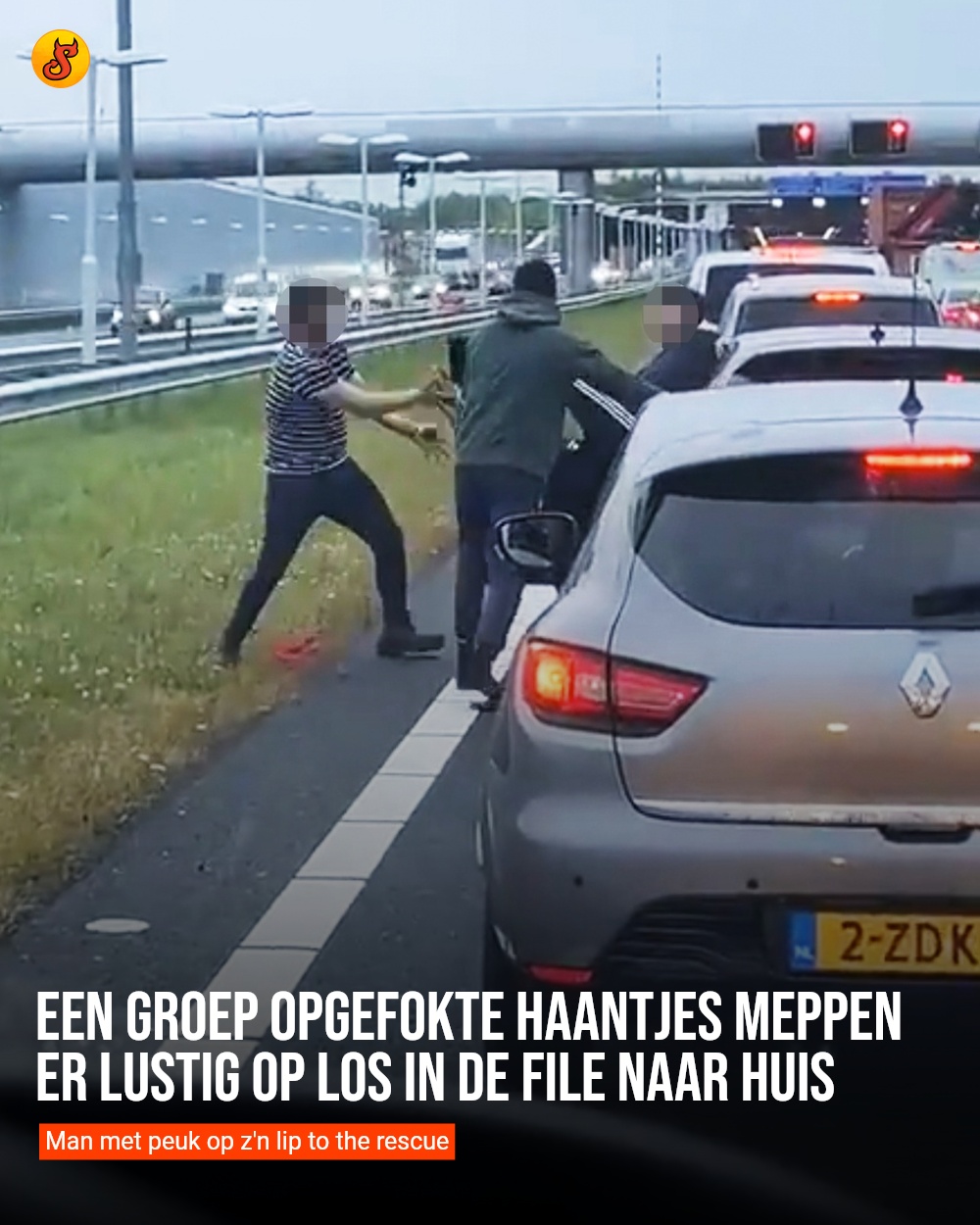 Een groep opgefokte haantjes meppen er lustig op los in de file naar huis