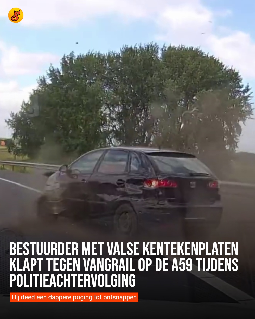 Bestuurder met valse kentekenplaten klapt tegen vangrail op de A59 tijdens politieachtervolging