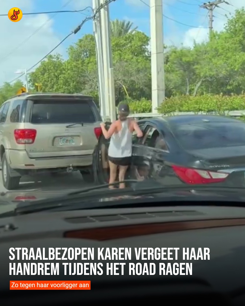 Straalbezopen Karen vergeet haar handrem tijdens het road ragen
