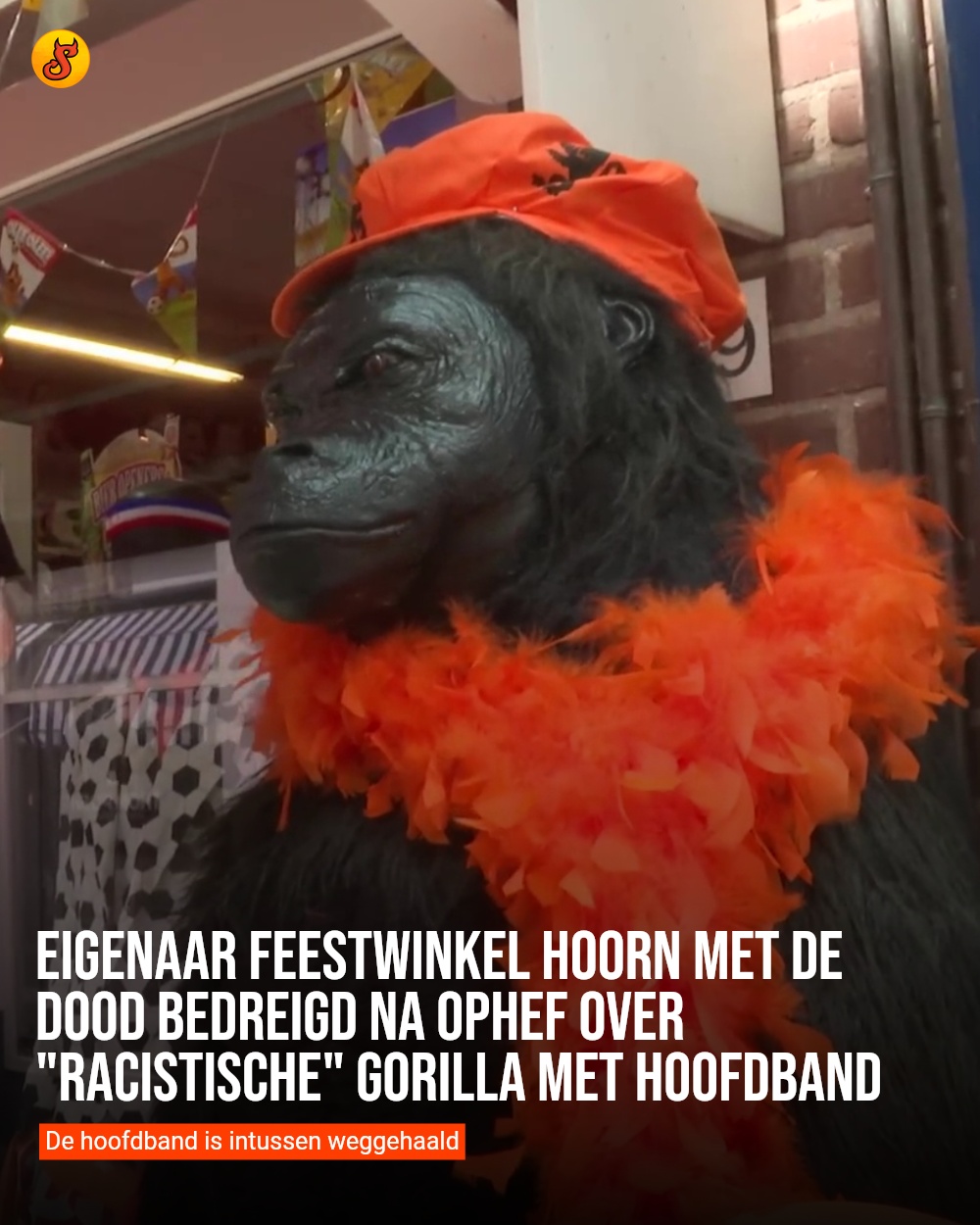 Eigenaar feestwinkel Hoorn met de dood bedreigd na ophef over "racistische" gorilla met hoofdband