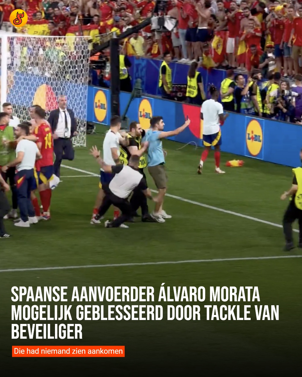Spaanse aanvoerder Álvaro Morata mogelijk geblesseerd door tackle van beveiliger