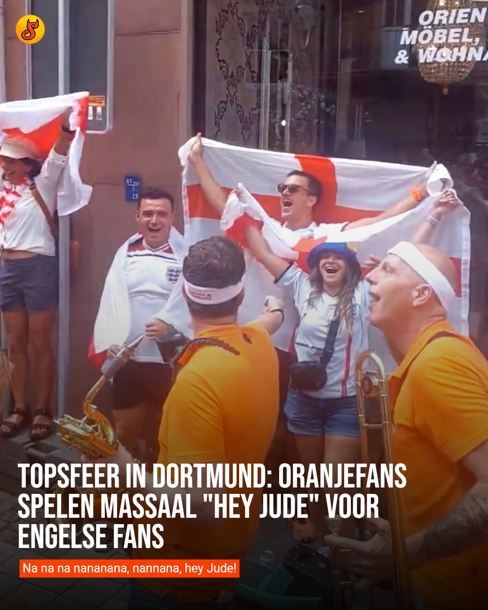 Topsfeer in Dortmund: Oranjefans spelen massaal "Hey Jude" voor Engelse fans