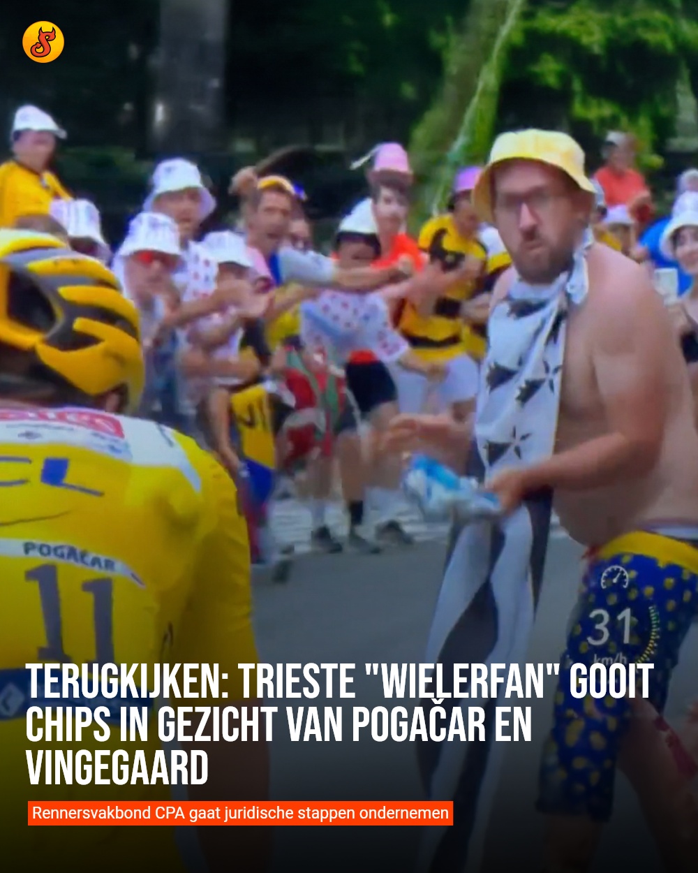 Terugkijken: Trieste "wielerfan" gooit chips in gezicht van Pogačar en Vingegaard