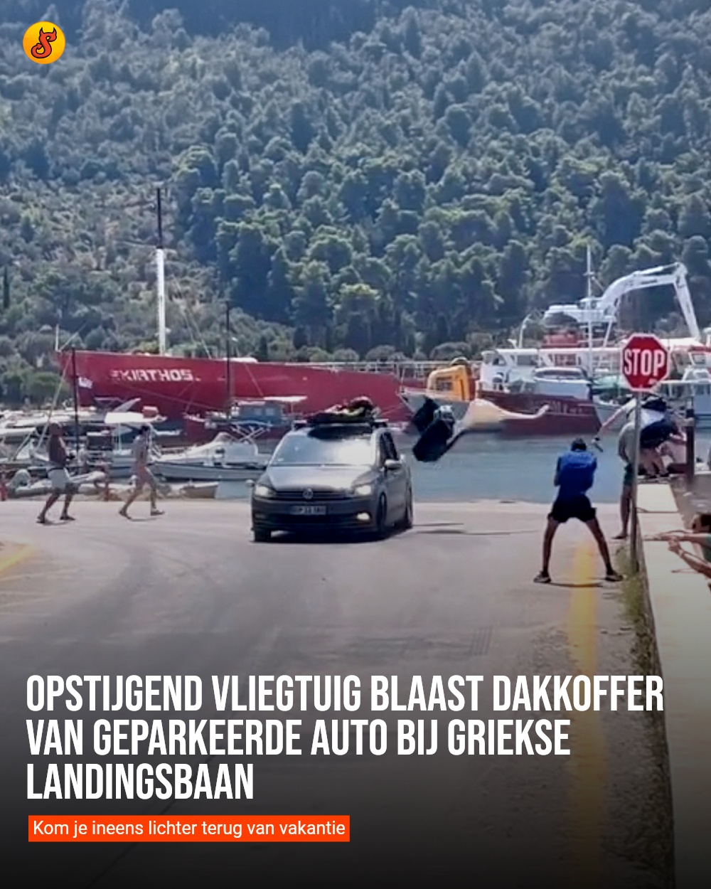 Opstijgend vliegtuig blaast dakkoffer van geparkeerde auto bij Griekse landingsbaan