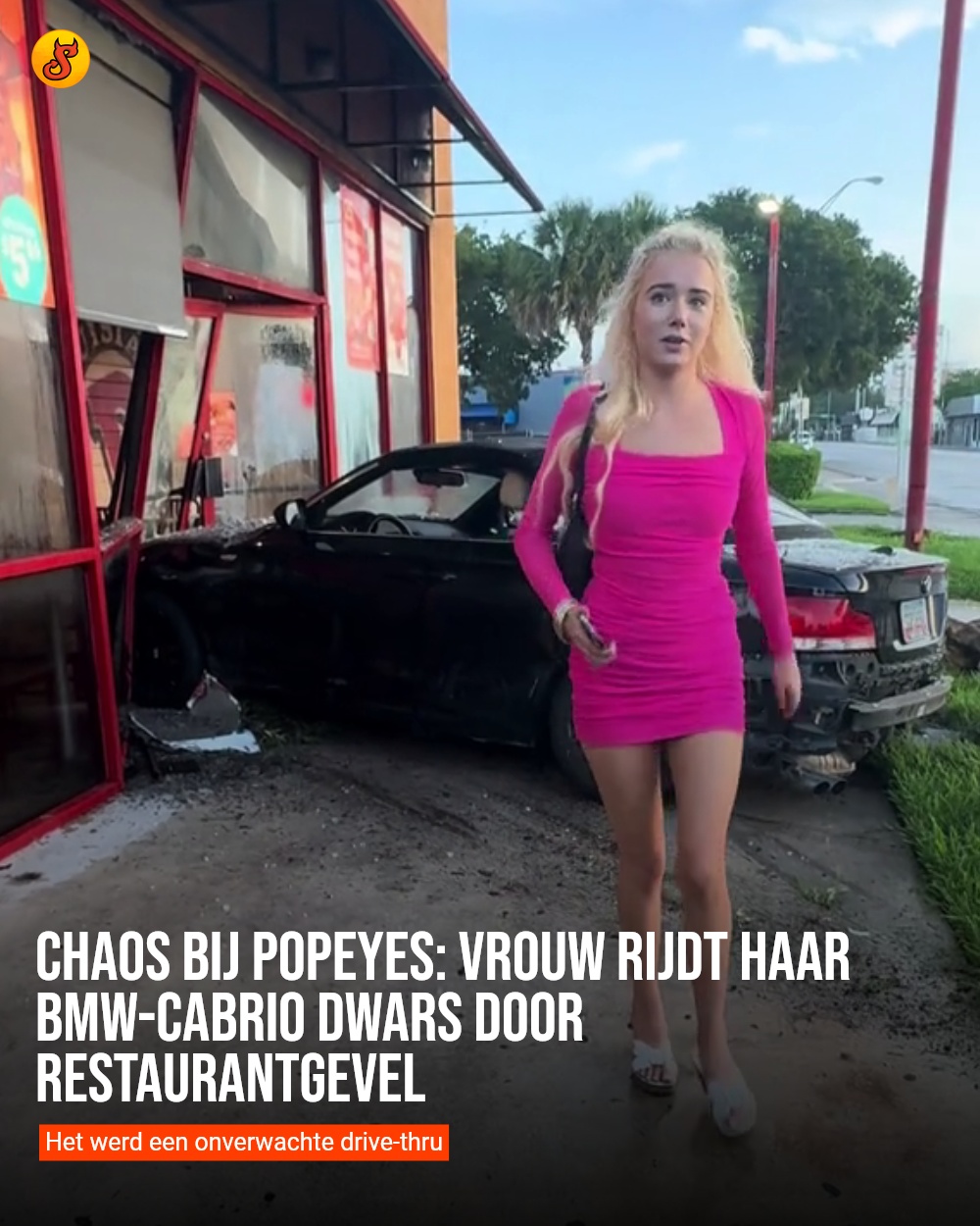 Chaos bij Popeyes: Vrouw rijdt haar BMW-cabrio dwars door restaurantgevel