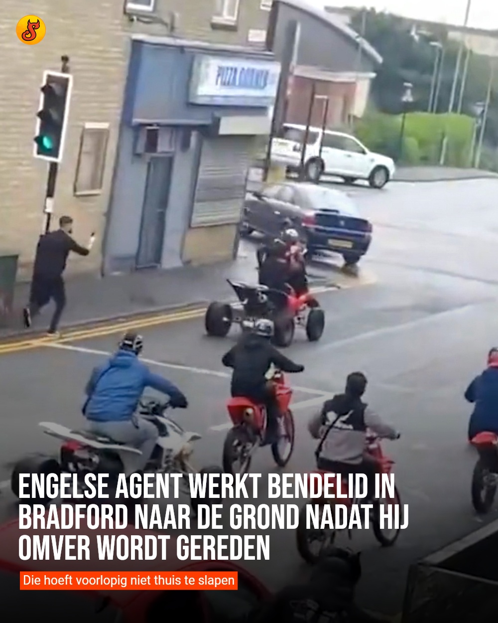 Engelse agent werkt bendelid in Bradford naar de grond nadat hij omver wordt gereden