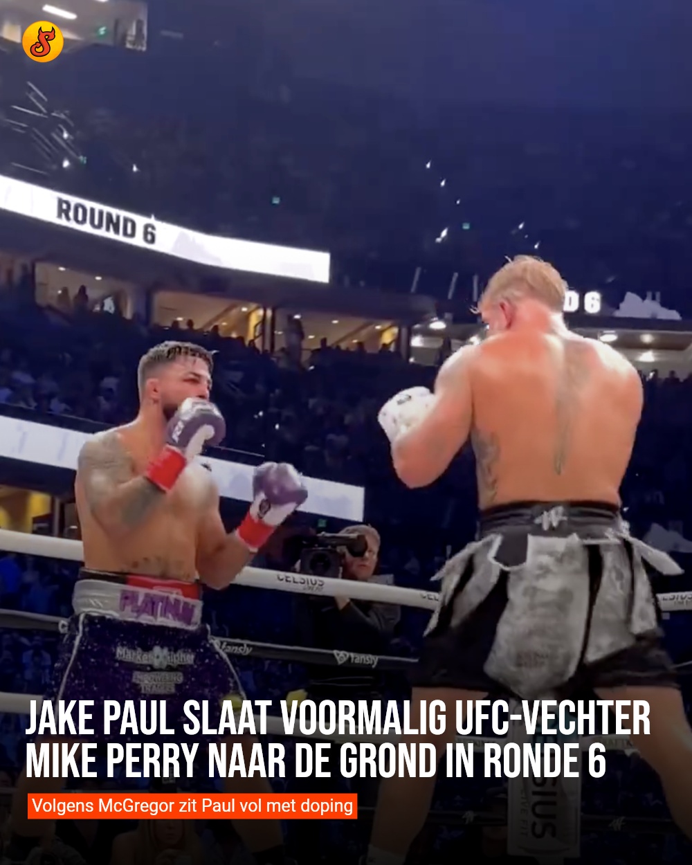 Jake Paul slaat voormalig UFC-vechter Mike Perry naar de grond in ronde 6