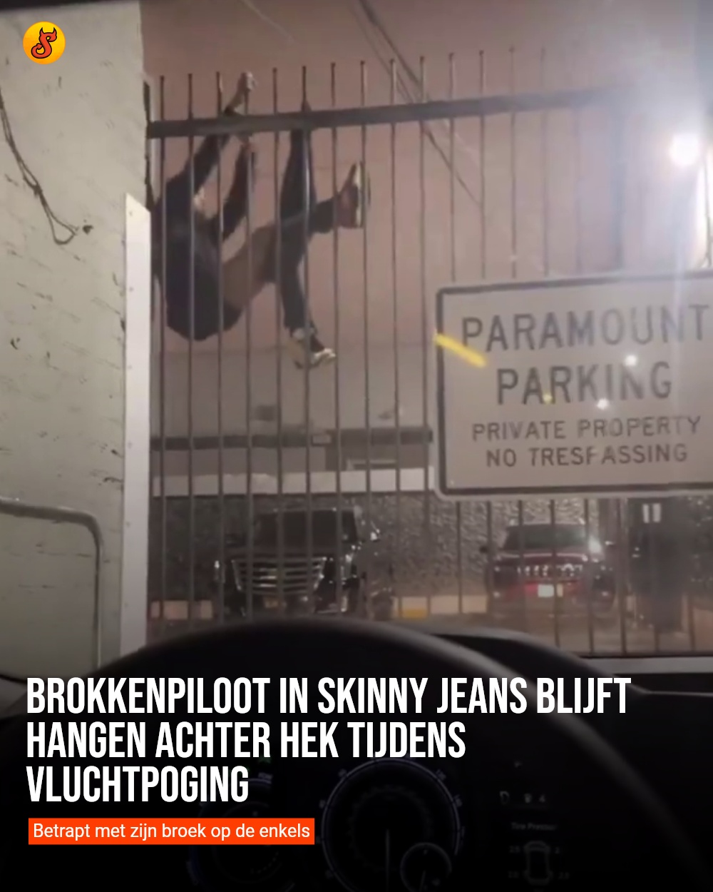 Brokkenpiloot in skinny jeans blijft hangen achter hek tijdens vluchtpoging