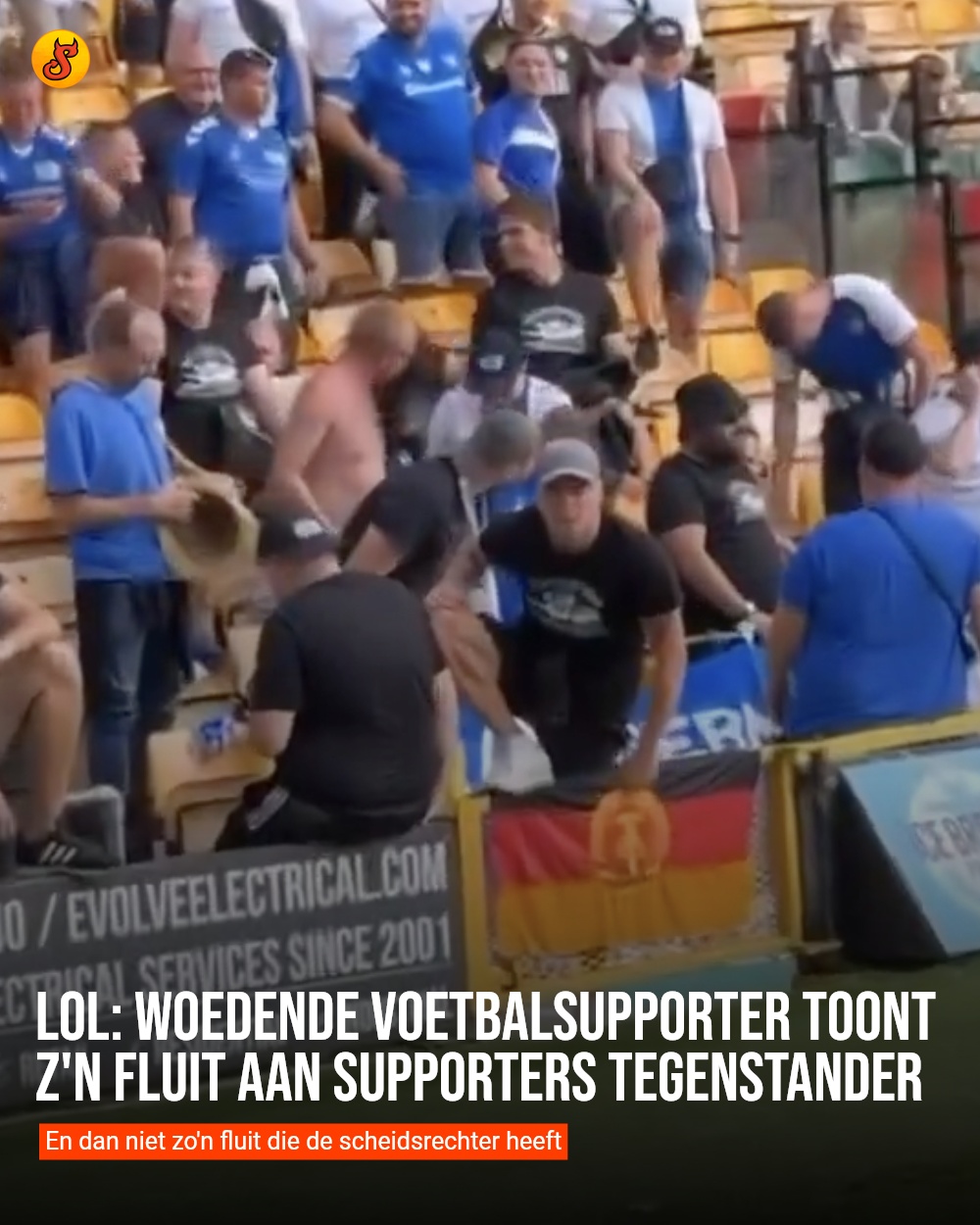 LOL: Woedende voetbalsupporter toont z'n fluit aan supporters tegenstander