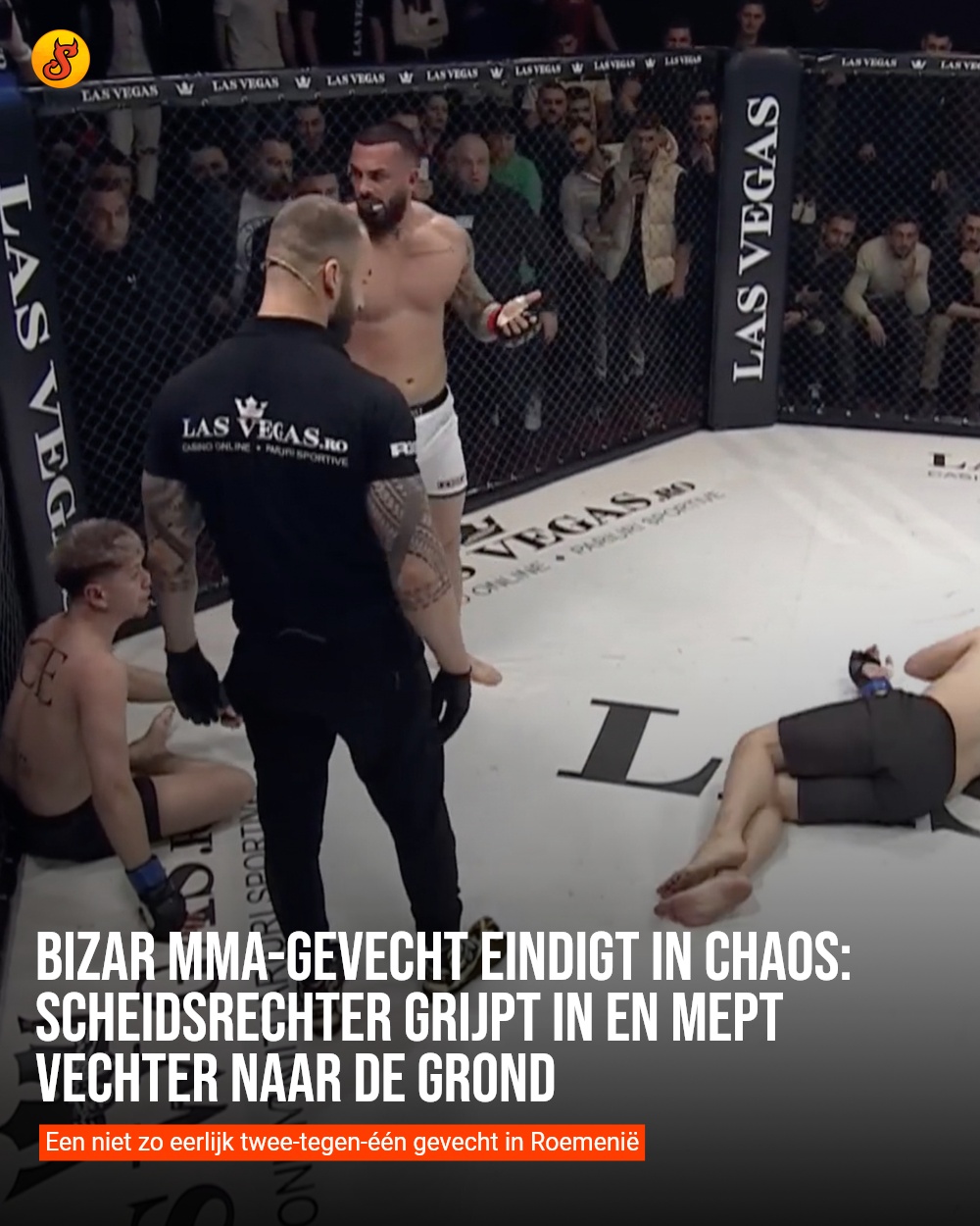 Bizar MMA-gevecht eindigt in chaos: scheidsrechter grijpt in en mept vechter naar de grond
