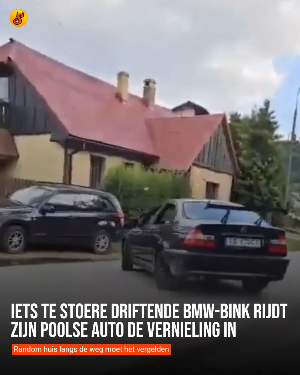 Iets te stoere driftende BMW-bink rijdt zijn Poolse auto de vernieling in
