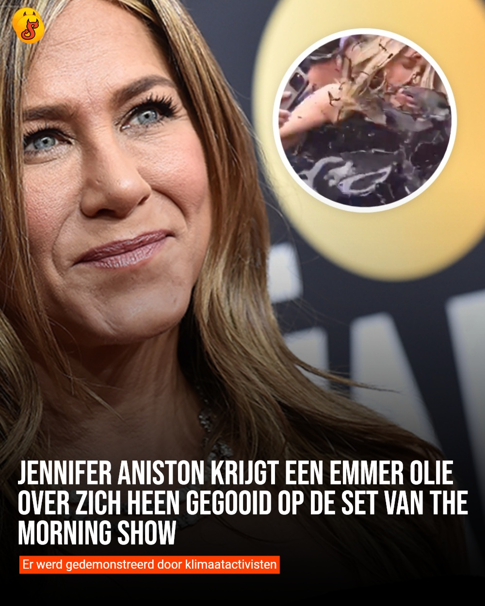 Jennifer Aniston krijgt een emmer olie over zich heen gegooid op de set van The Morning Show