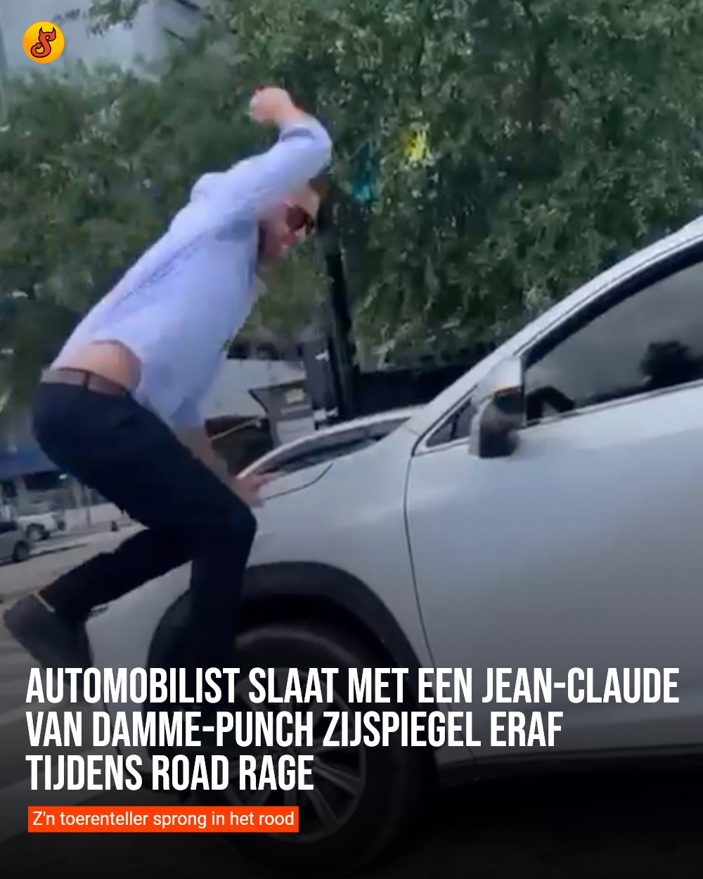 Automobilist slaat met een Jean-Claude Van Damme-punch zijspiegel eraf tijdens road rage
