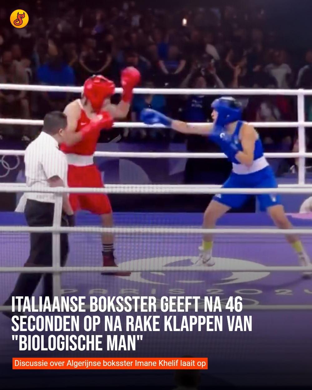 Italiaanse boksster geeft na 46 seconden op na rake klappen van "biologische man"
