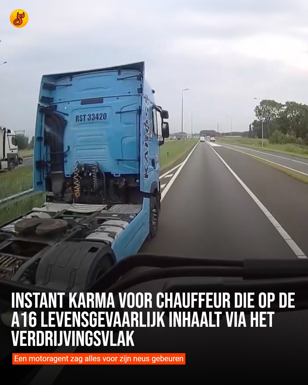 Instant karma voor chauffeur die op de A16 levensgevaarlijk inhaalt via het verdrijvingsvlak