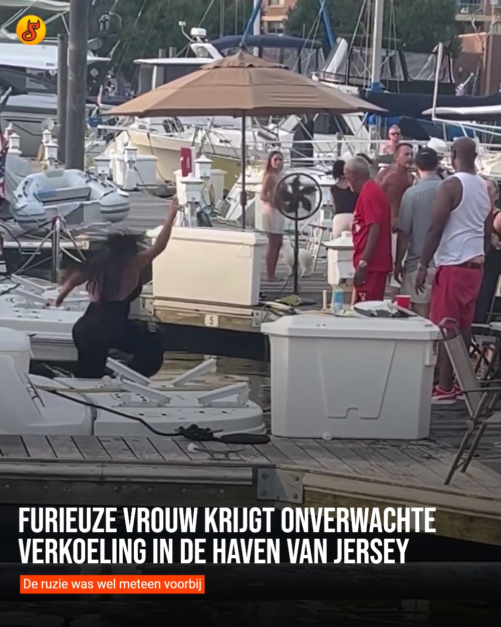 Furieuze vrouw krijgt onverwachte verkoeling in de haven van Jersey