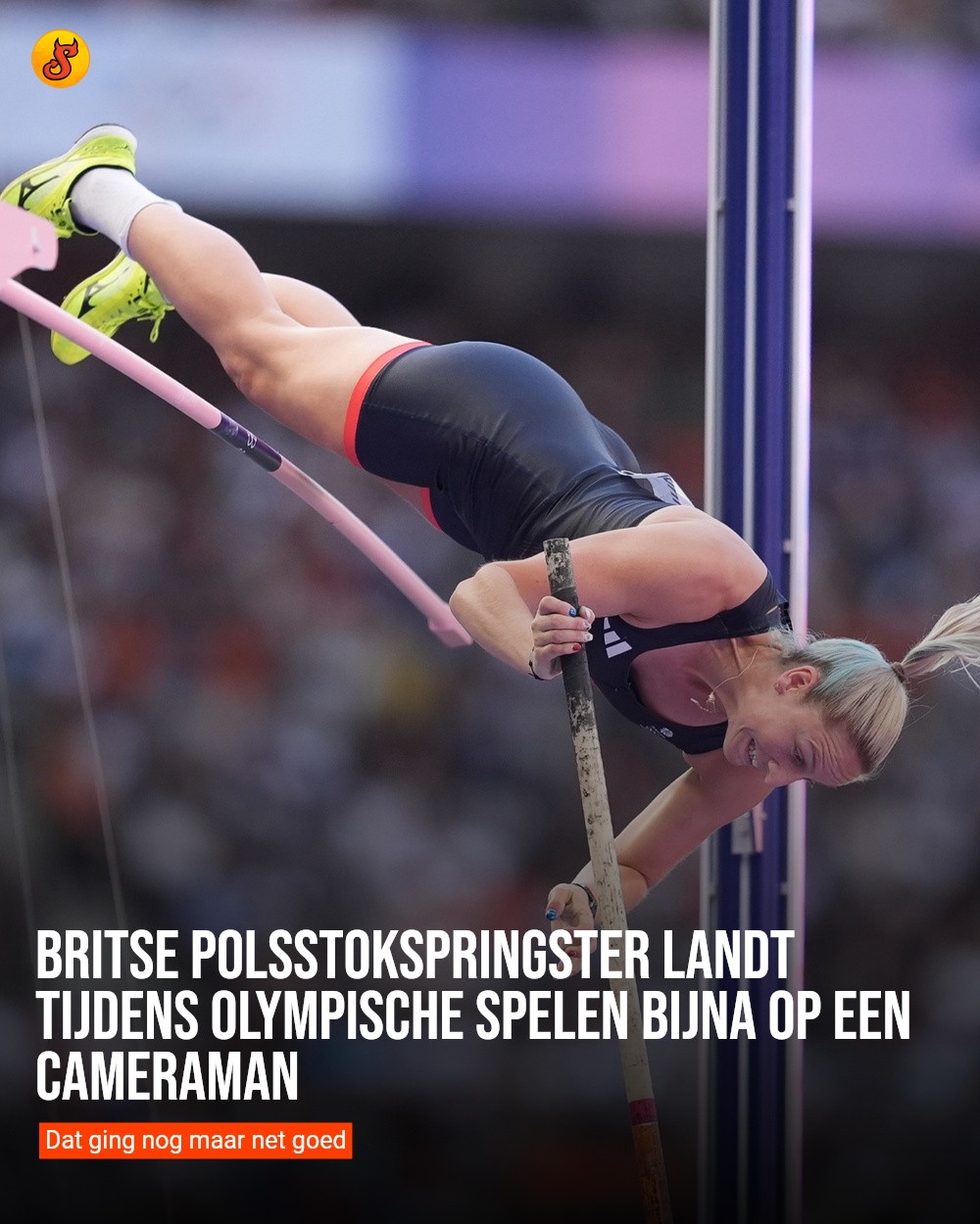 Britse polsstokspringster landt tijdens Olympische Spelen bijna op een cameraman