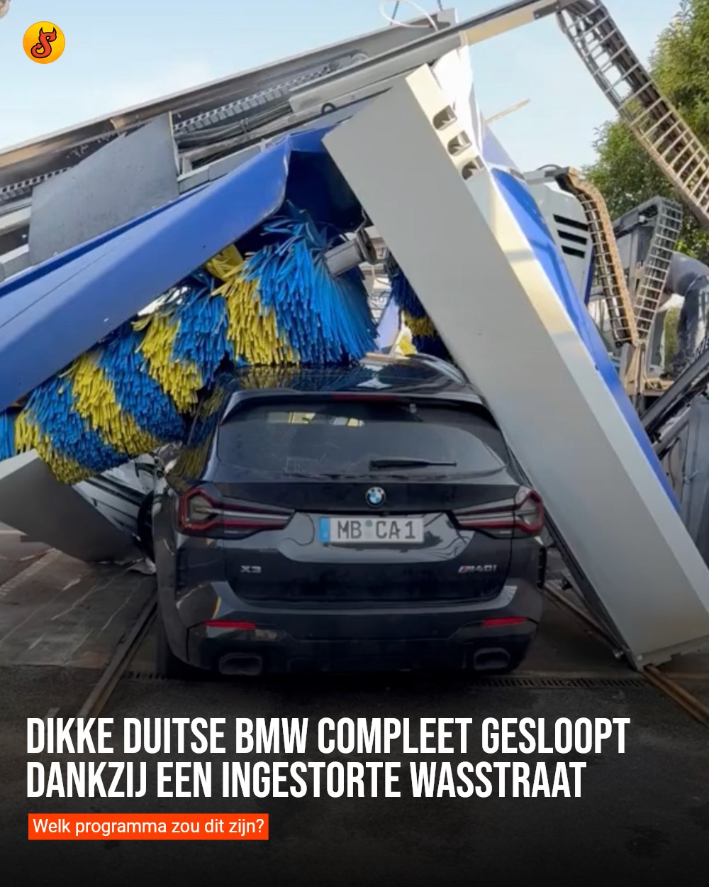 Dikke Duitse BMW compleet gesloopt dankzij een ingestorte wasstraat