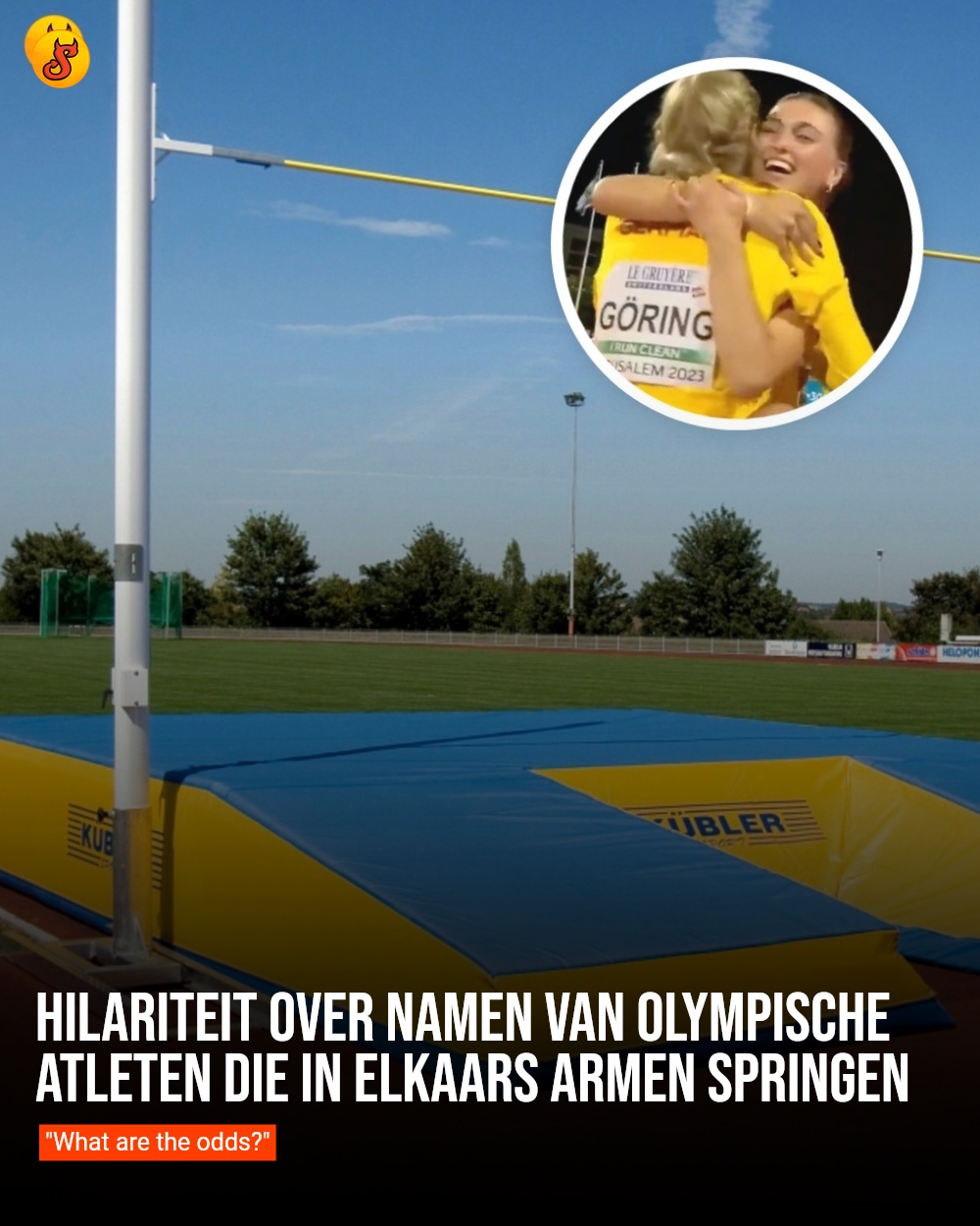 Hilariteit over namen van Olympische atleten die in elkaars armen springen