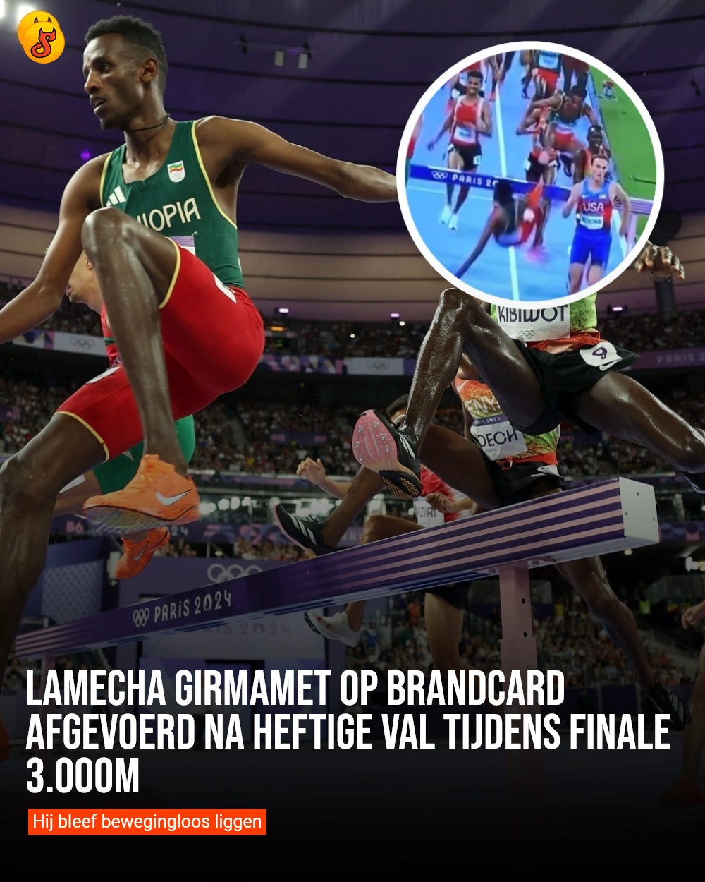 Lamecha Girmamet op brandcard afgevoerd na heftige val tijdens finale 3.000m