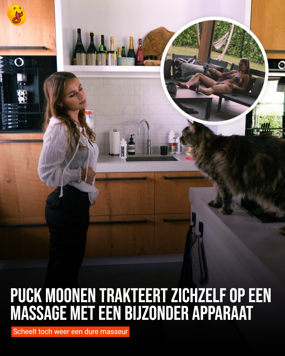 Puck Moonen trakteert zichzelf op een massage met een bijzonder apparaat