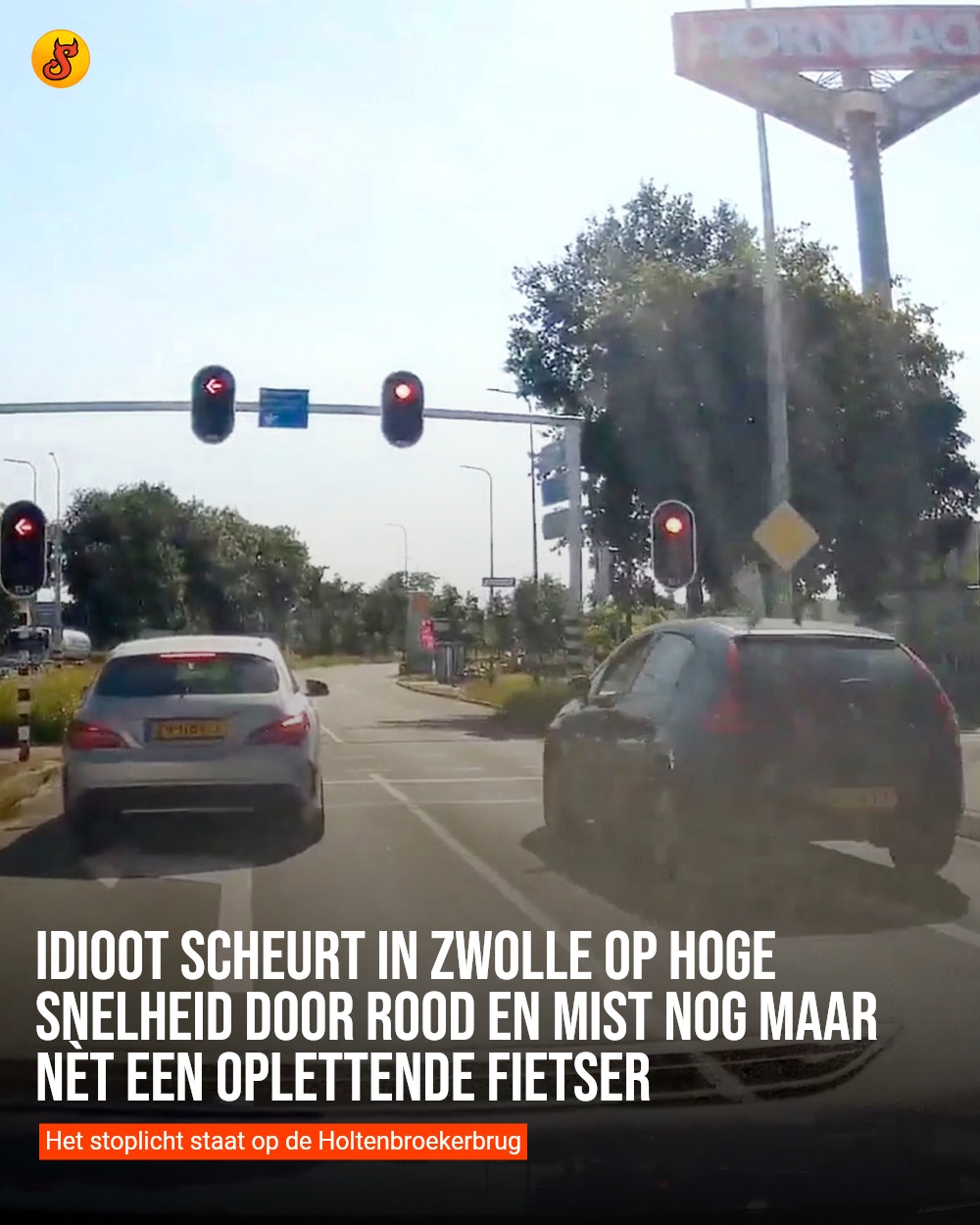 Idioot scheurt in Zwolle op hoge snelheid door rood en mist nog maar nèt een oplettende fietser