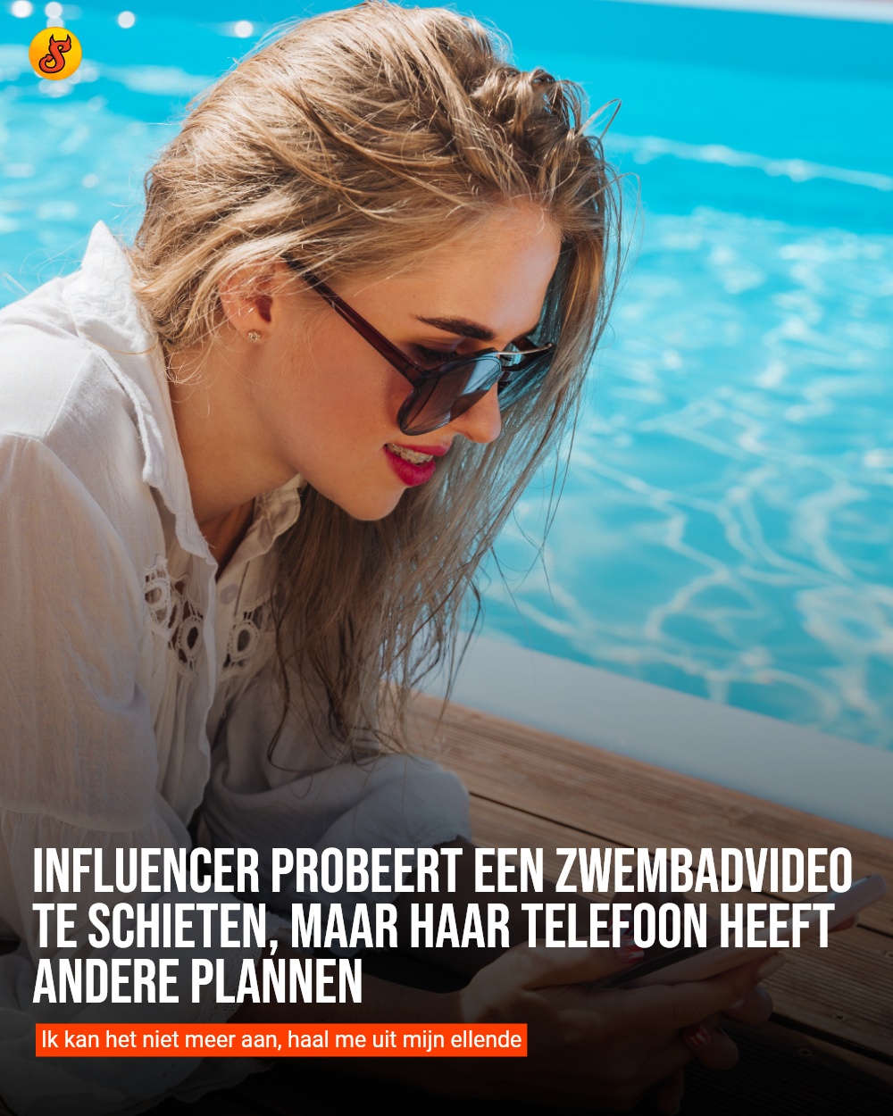 Influencer probeert een zwembadvideo te schieten, maar haar telefoon heeft andere plannen