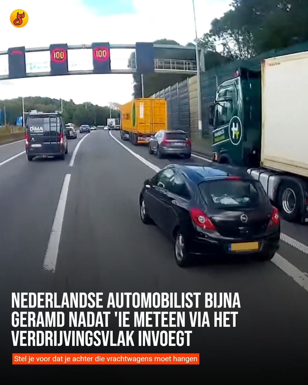 Nederlandse automobilist bijna geramd nadat 'ie meteen via het verdrijvingsvlak invoegt