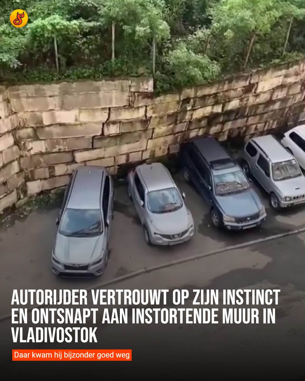 Autorijder vertrouwt op zijn instinct en ontsnapt aan instortende muur in Vladivostok