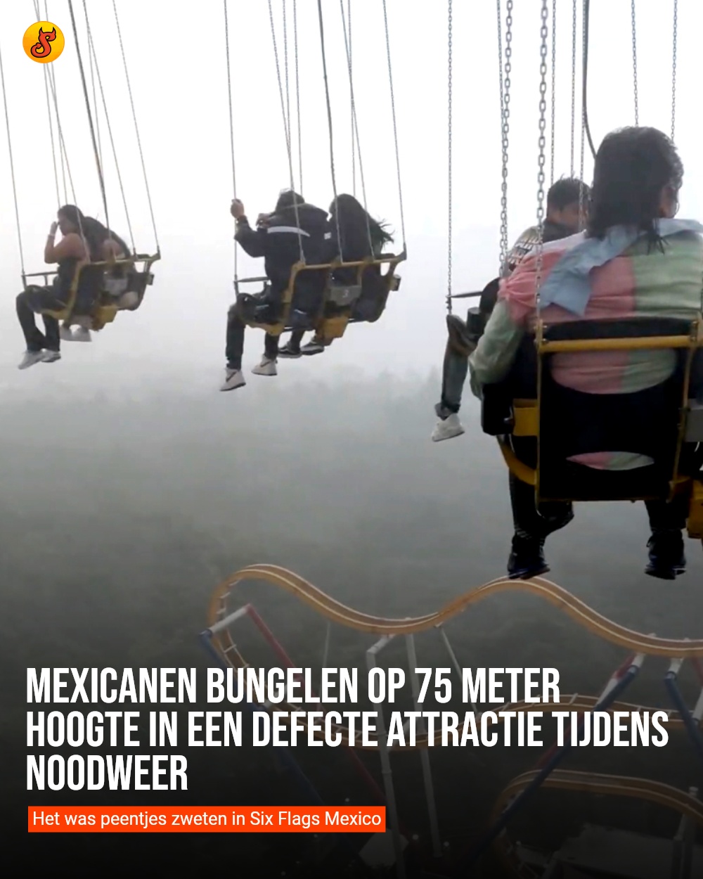 Mexicanen bungelen op 75 meter hoogte in een defecte attractie tijdens noodweer