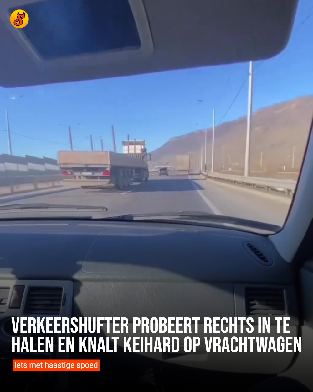 Verkeershufter probeert rechts in te halen en knalt keihard op vrachtwagen