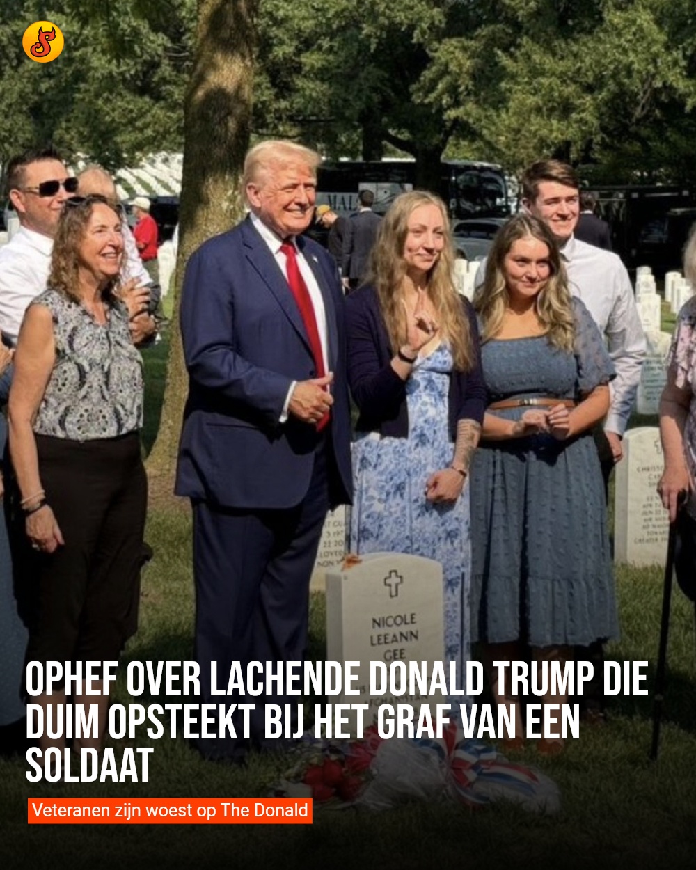 Ophef over lachende Donald Trump die duim opsteekt bij het graf van een soldaat