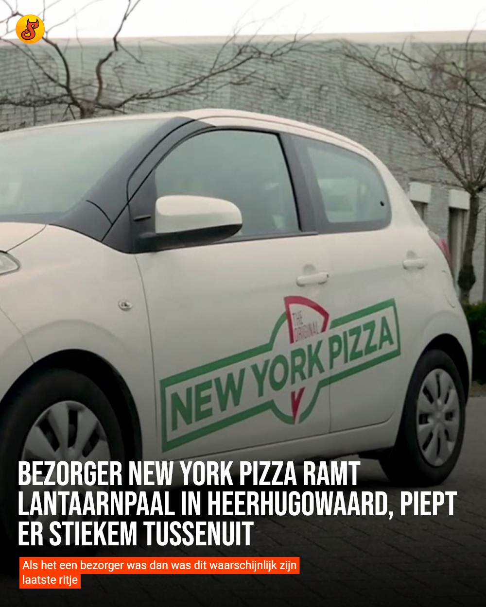 Bezorger New York Pizza ramt lantaarnpaal in Heerhugowaard, piept er stiekem tussenuit