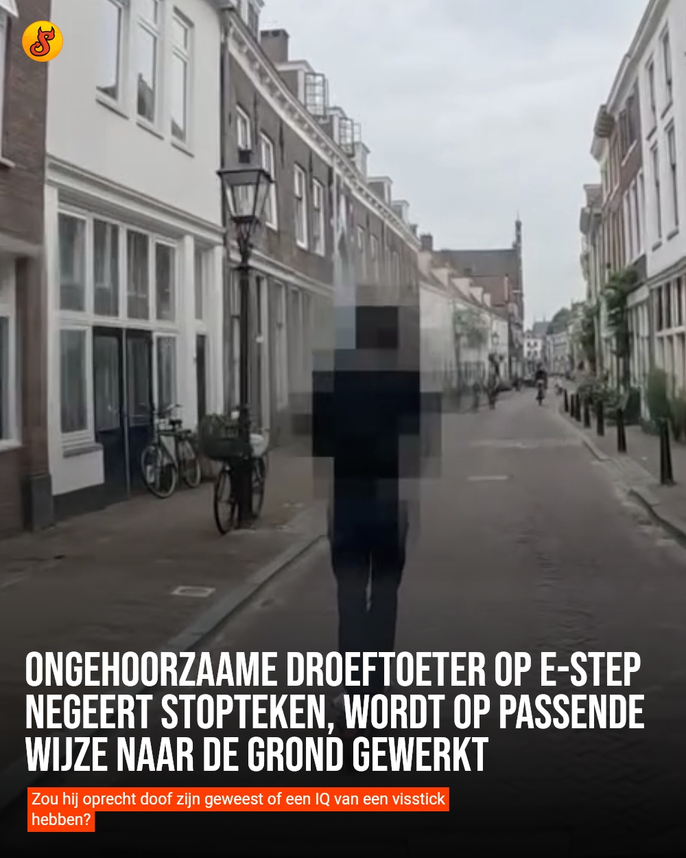 Ongehoorzaame droeftoeter op e-step negeert stopteken, wordt op passende wijze naar de grond gewerkt