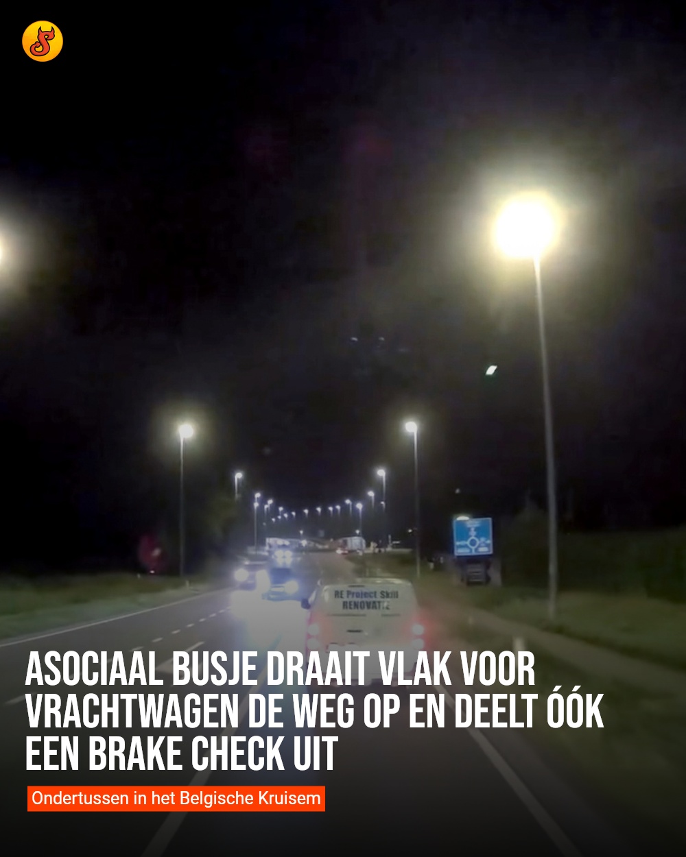 Asociaal busje draait vlak voor vrachtwagen de weg op en deelt óók een brake check uit