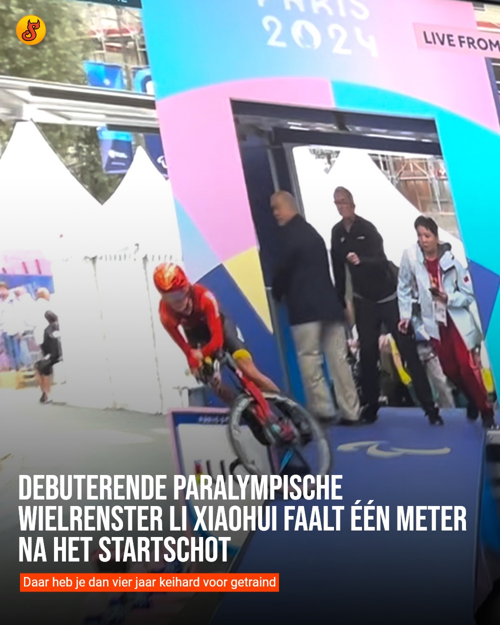 Debuterende Paralympische wielrenster LI Xiaohui faalt één meter na het startschot