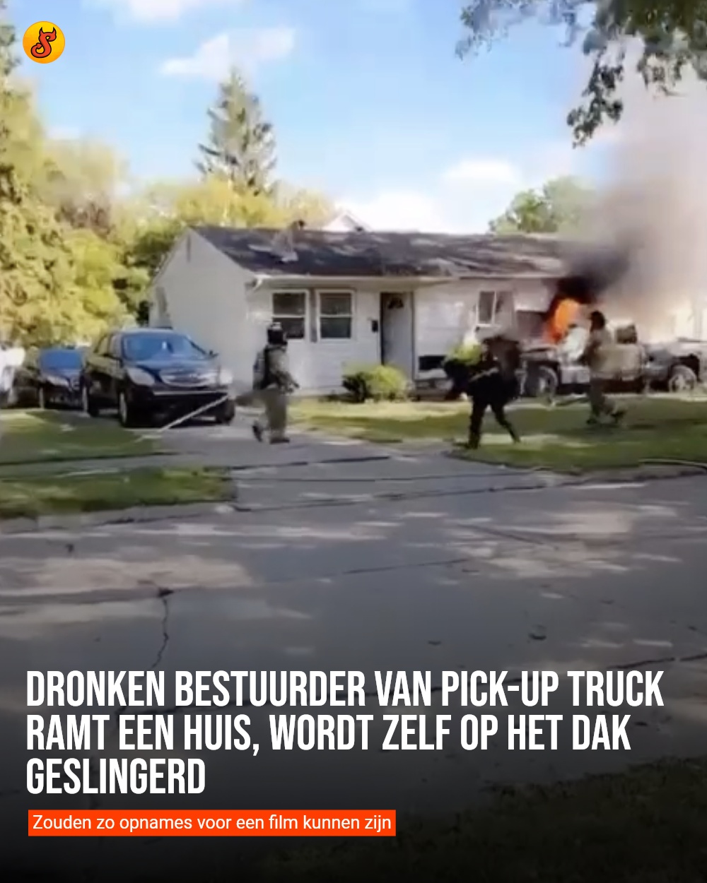 Dronken bestuurder van pick-up truck ramt een huis, wordt zelf op het dak geslingerd