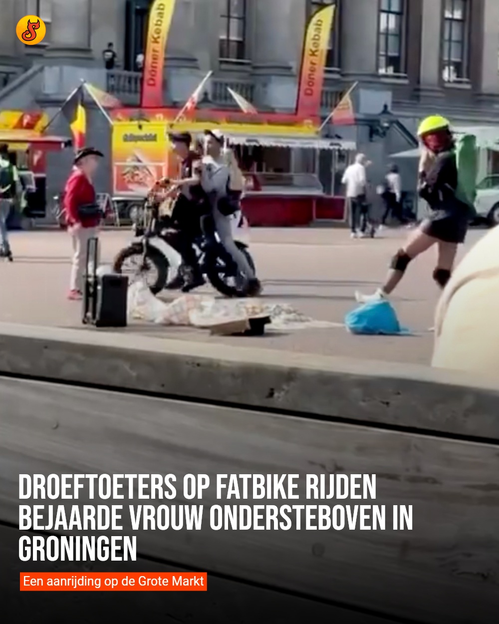 Droeftoeters op fatbike rijden bejaarde vrouw ondersteboven in Groningen