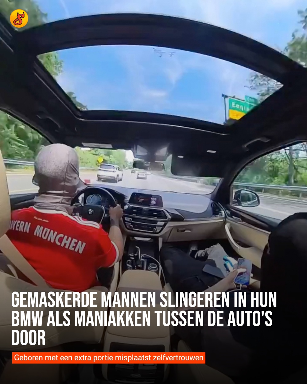 Gemaskerde mannen slingeren in hun BMW als maniakken tussen de auto's door