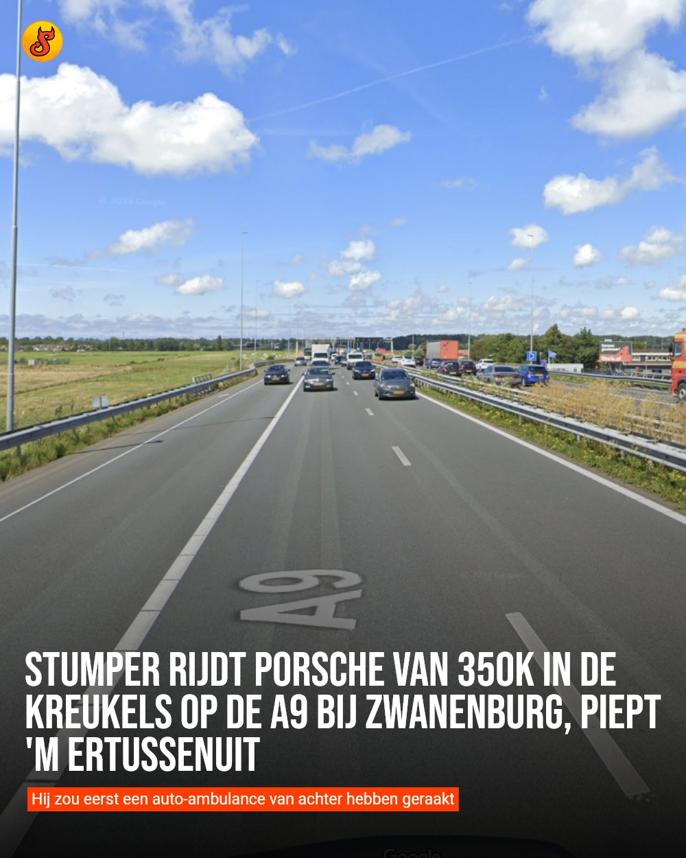 Stumper rijdt Porsche van 350k in de kreukels op de A9 bij Zwanenburg, piept 'm ertussenuit